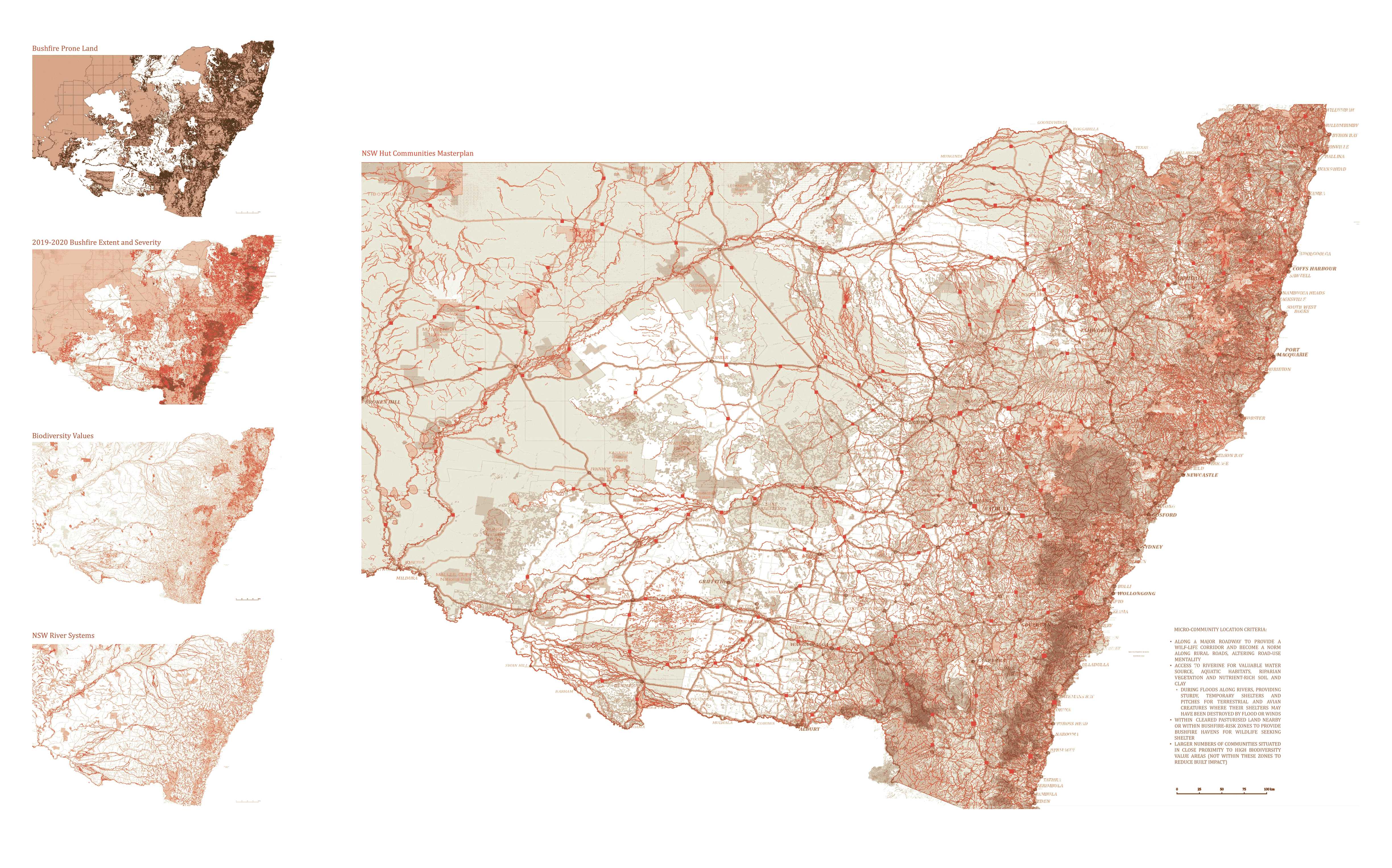 The NSW masterplan envisions microcommunities along rural roads as wildlife-friendly corridors, slowing traffic and promoting sustainable, nature-integrated living. Strategically placed near rivers, these hubs support ecological connectivity and community resilience