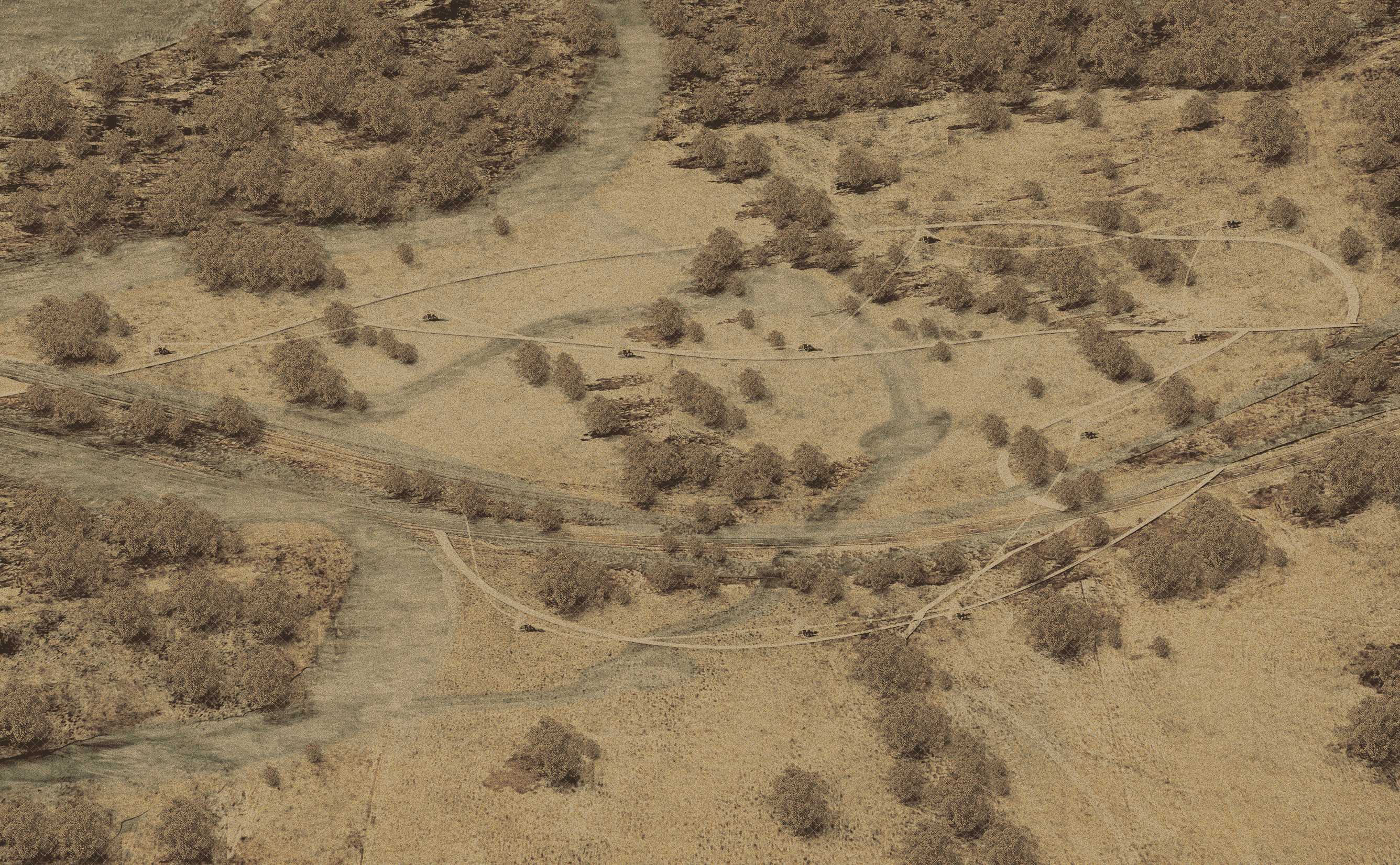 The site plan creates a safe wildlife corridor by using dirt roads to reduce roadkill risk, positioning near natural habitats, and integrating fire-resistant landscaping with strategically placed vegetation to protect wildlife.