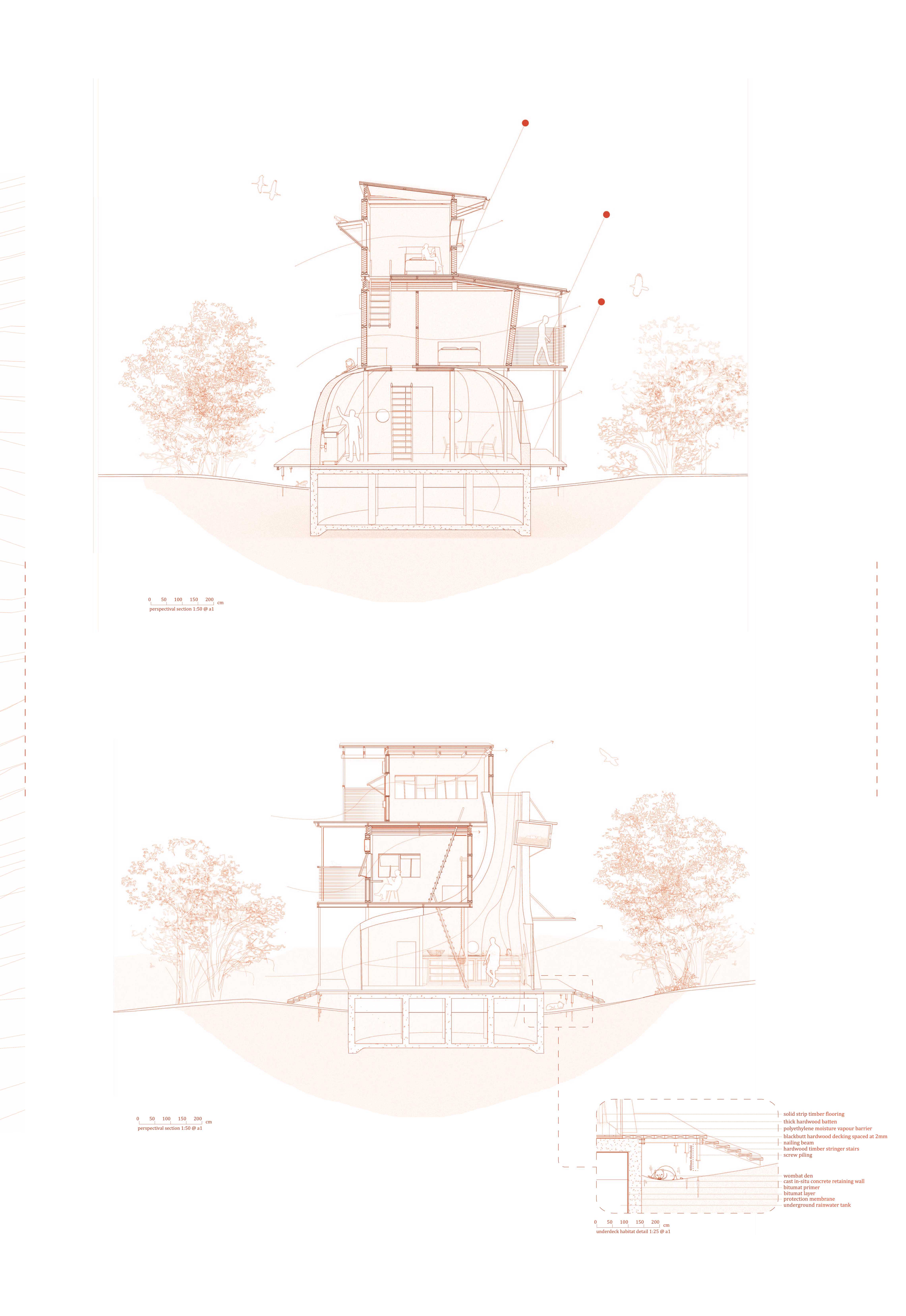 The hut design integrates off-grid sustainability, elevated on screwpiles to minimize ecological disruption and create subterranean habitats. Elevated decking enhances bushfire resilience, while passive cooling and overhangs ensure thermal efficiency.