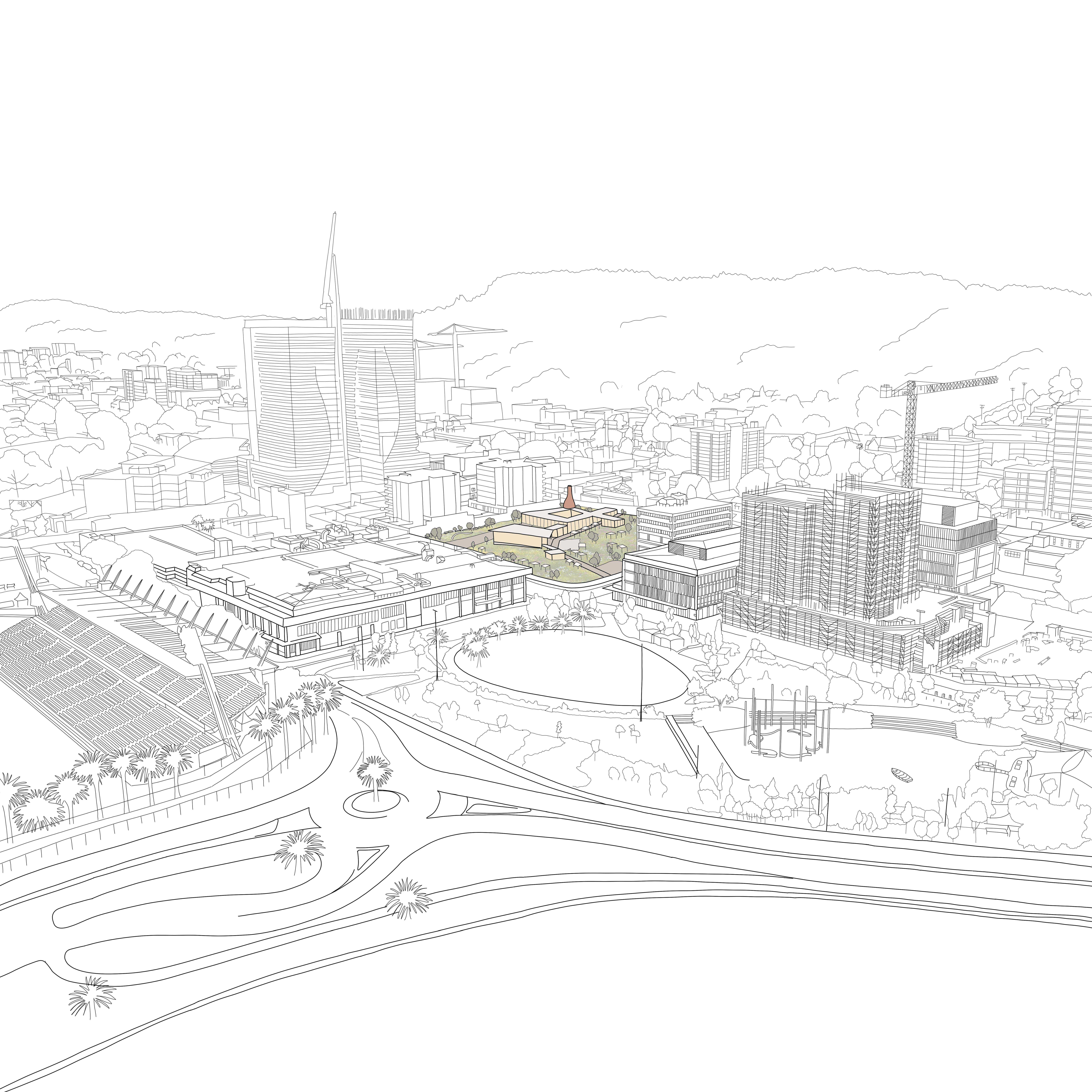 Aerial view of Finding Folk: The Anti-Leagues Club in Gosford, envisioning spaces for community gathering amid rising urban transformation.