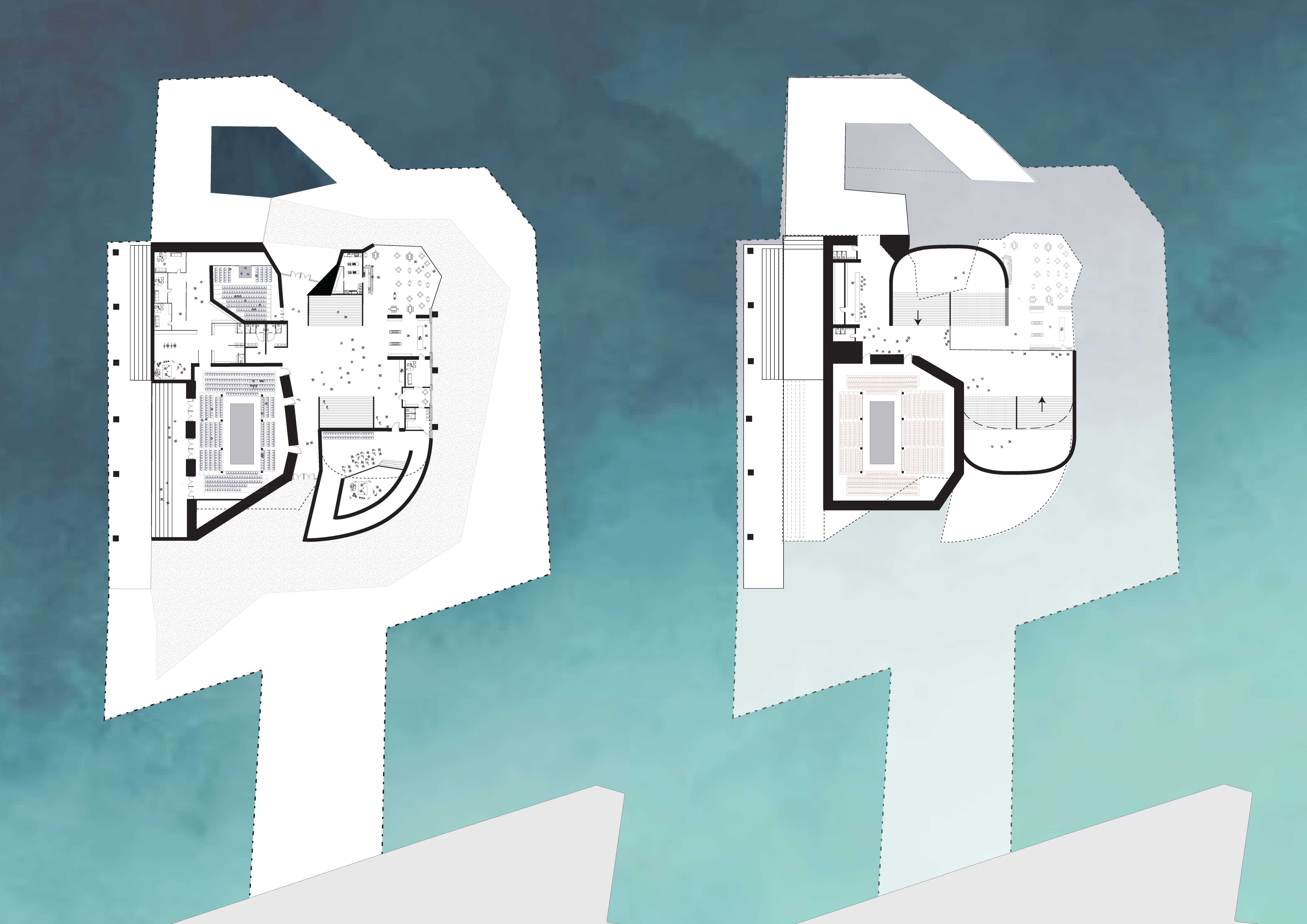 The floor plan reveals a dynamic interplay of spaces designed for performance and social interaction. The theatre draws visitors through the organic and industrial-inspired geometries and connects to waterfront views.