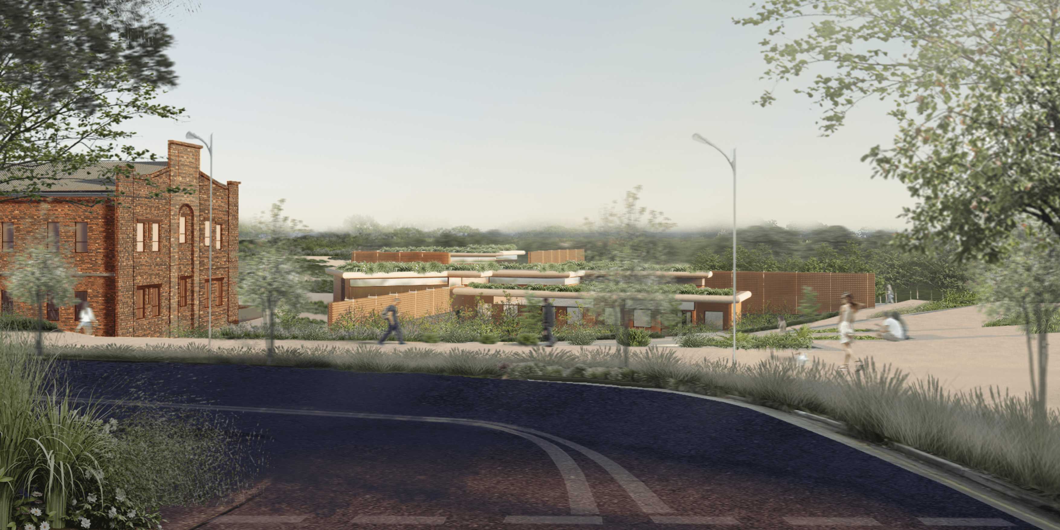 View of Eveleigh's Garden from Carriageworks Way. The proposal is sited west of the Clothing Store, submerged within the landscape. Blade walls create independent gardens for its users, while terraces and pathways promote circulation throughout the precinct.