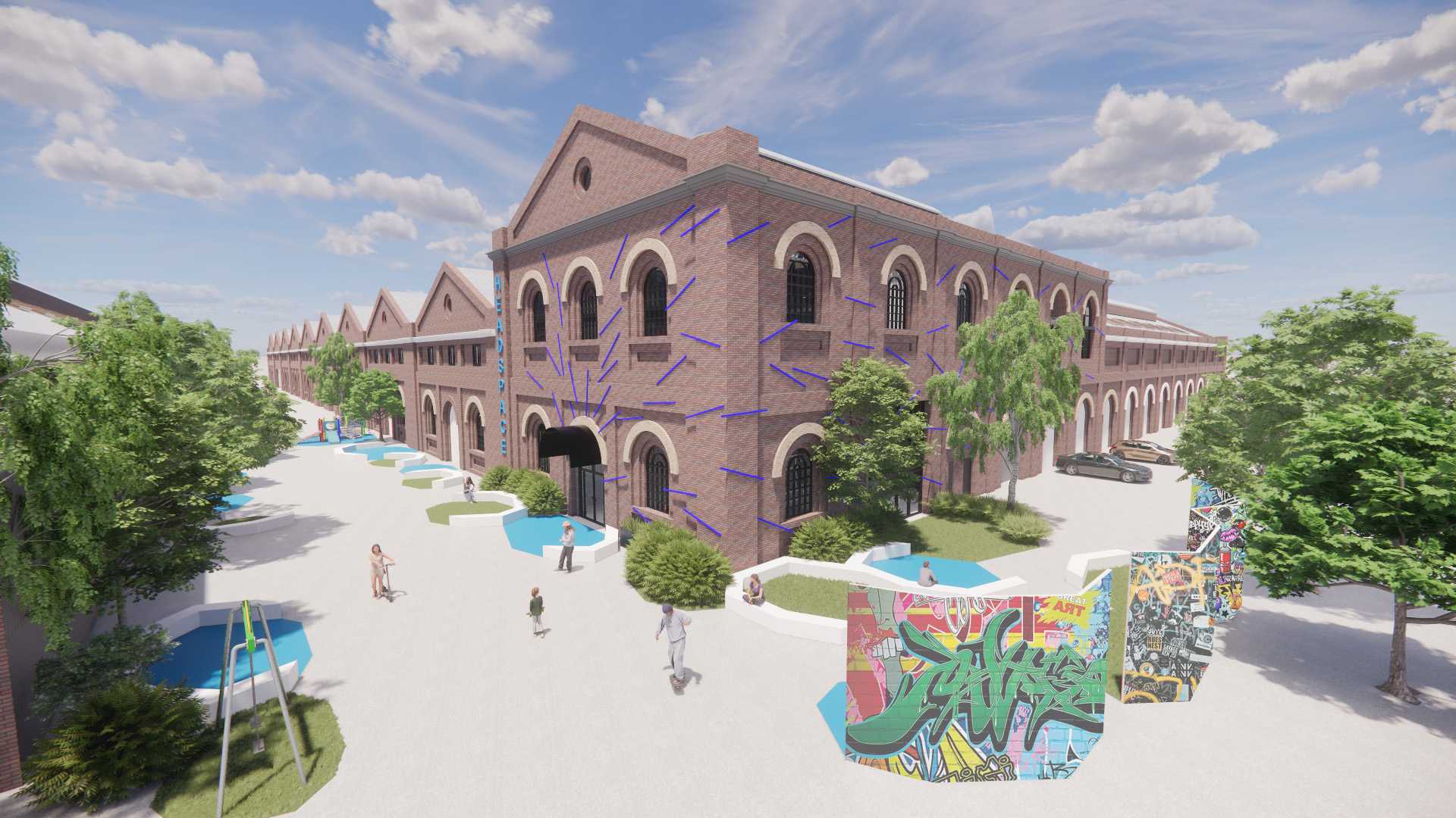 House of Mimi – Perspective view showing the urban edge, graffiti space, green areas, social hubs, and façade lighting installation.