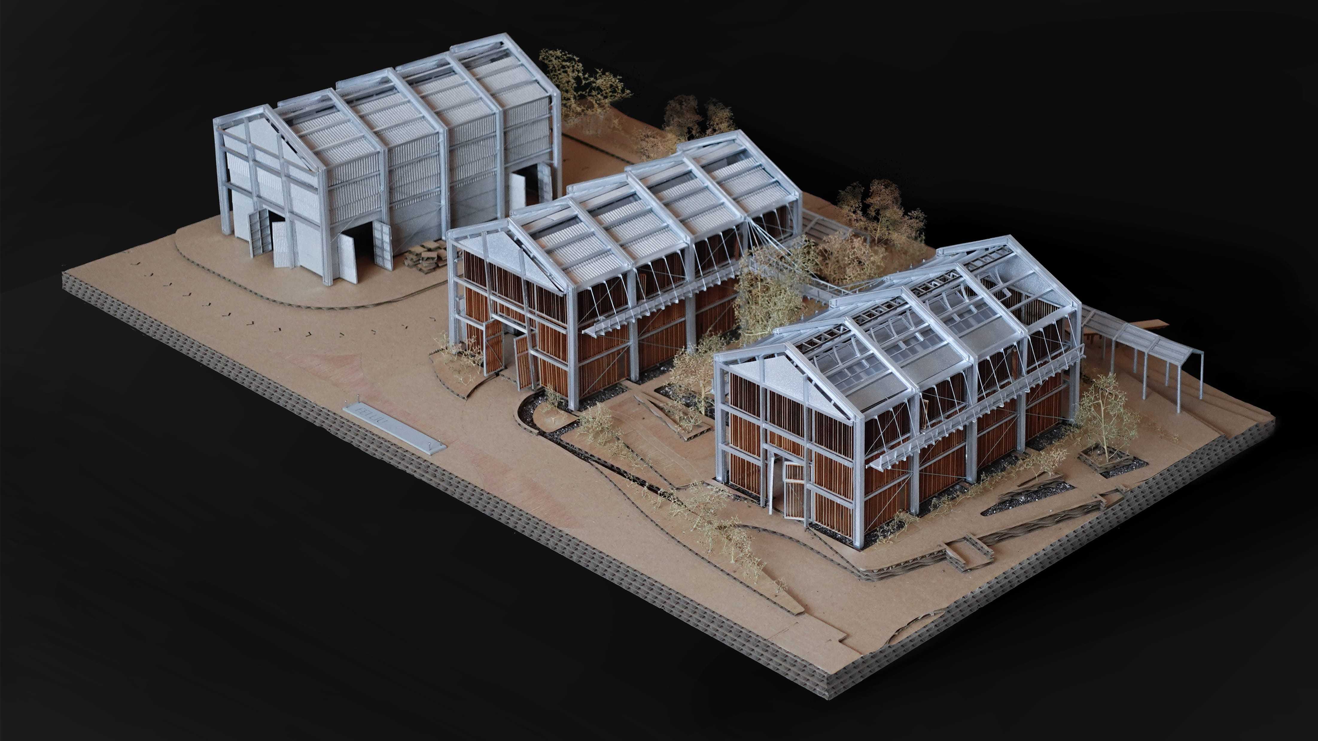 The bird eye-view of three buildings: Storage  -  Document & Certification  -  Design & Display