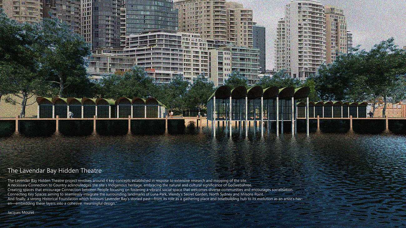 A view from the Bay to demonstrating the buildings translucent qualities designed with the aim of hiding construction.