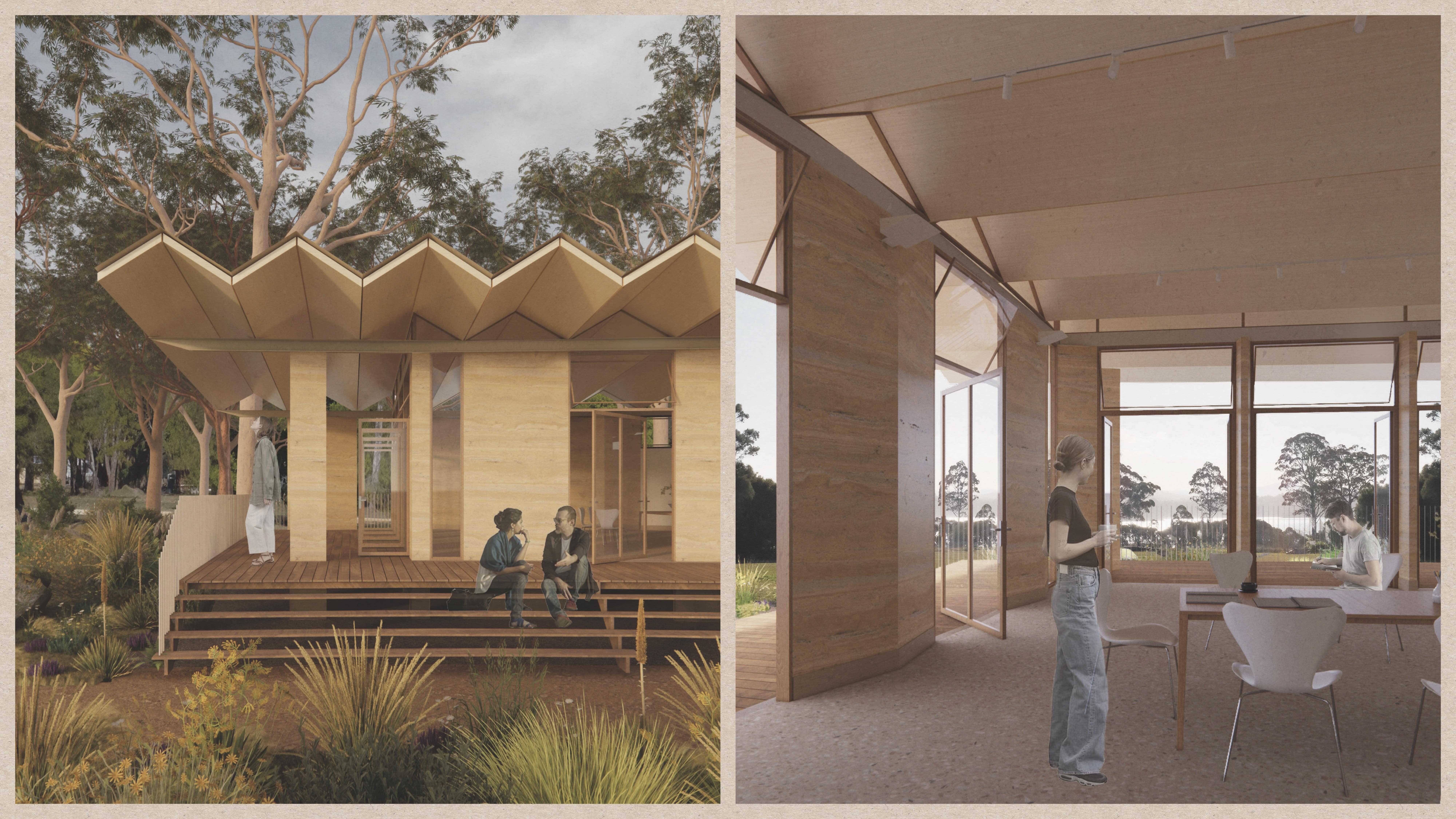 Left; exterior render of the proposed multifunctional hall. Rammed earth columns and a concertinaed CLT roof define the building's form. Right; interior of the multifunctional hall space. 
