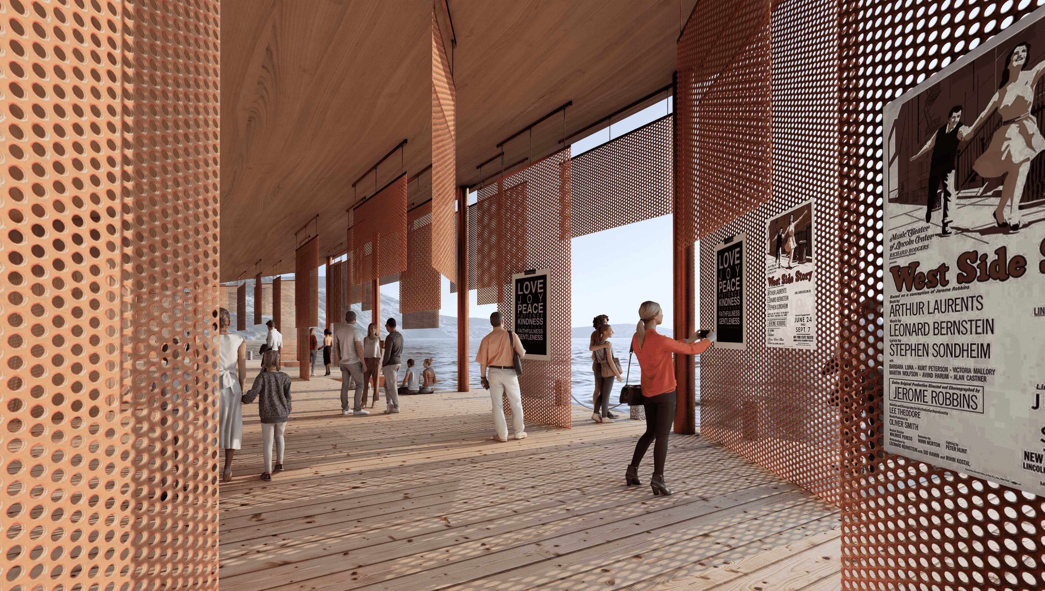 Perforated copper panels serve as a veil that mediates between the site's industrial past and natural future