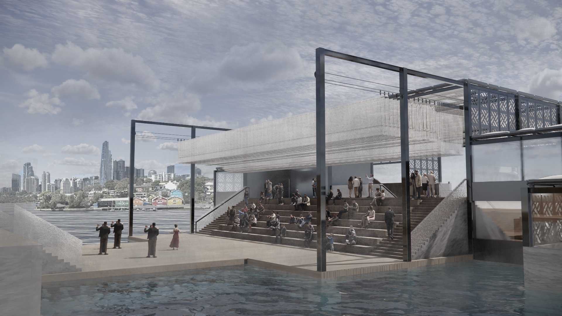 Floating theatre at Ballast Point Park, merging performance with Sydney’s iconic landscape. Framed by Balmain, Harbour Bridge, and North Sydney, this adaptable venue connects past and future through immersive design.