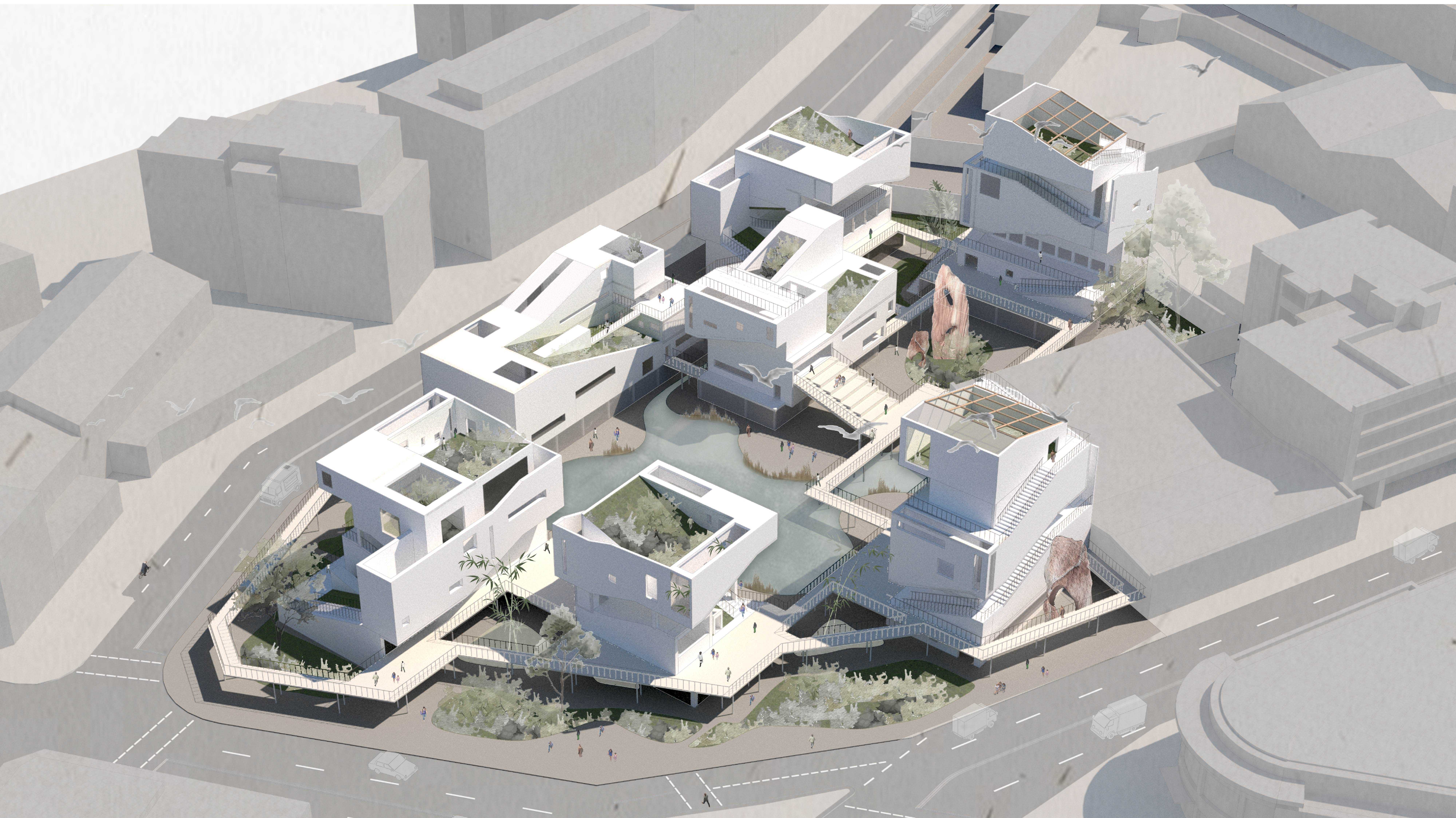 Thus, a vertical garden, as an isolated natural heterotopia, begins to silently grow at a popular street corner in Waterloo. Its architectural part serves as a community activity center, which supports gatherings, meetings, commercial activities, and entertainment. Residents from neighborhood might either enter the garden to use a certain building, or occasionally discover it and casually wander inside. Despite of their intentions, the experience are expected to be naturally interactive and lingering. 