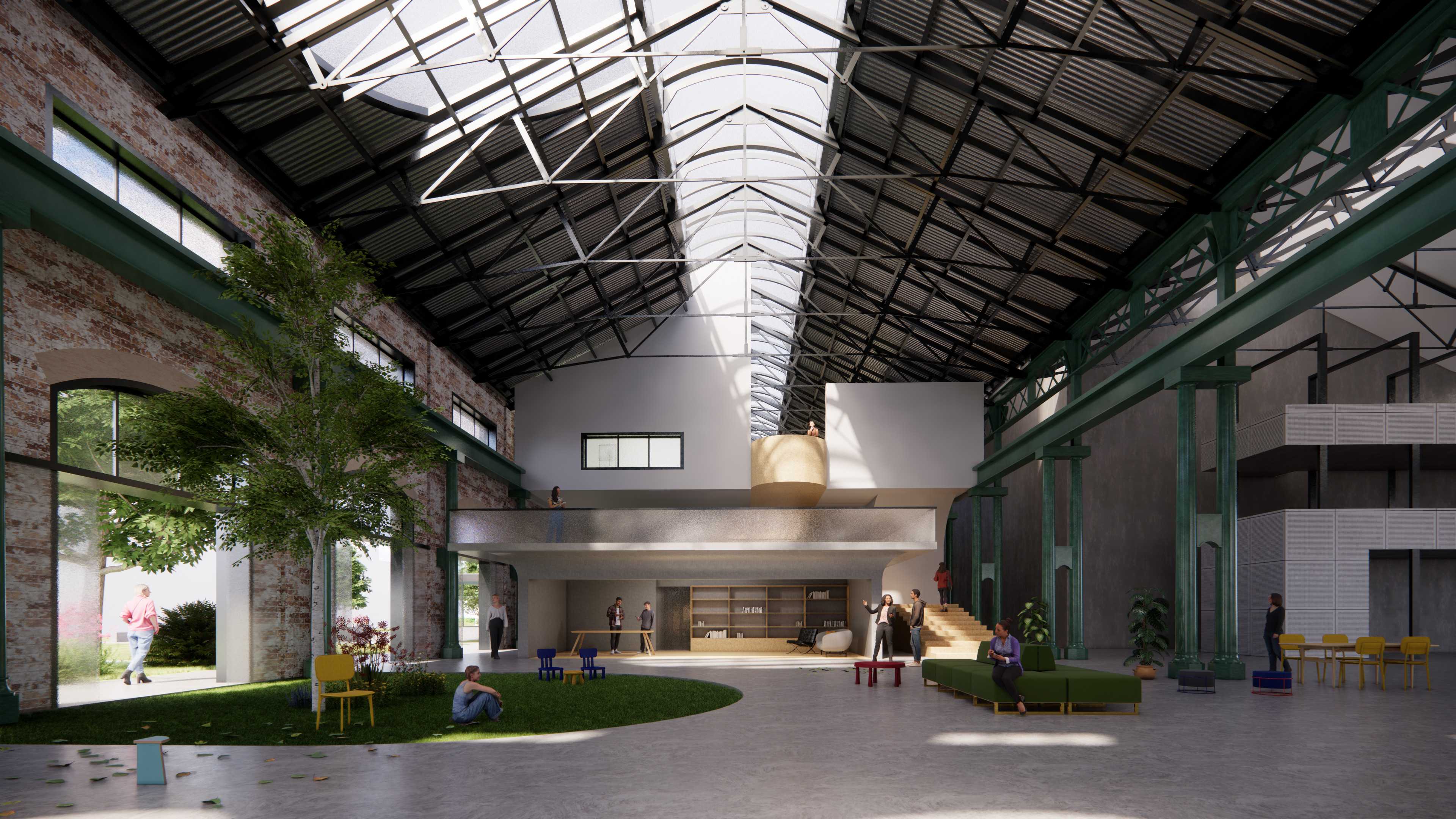 View upon entry to Carriageworks Bay 16, showing the entrance atrium and orientation centre as a place to meet peerworkers.