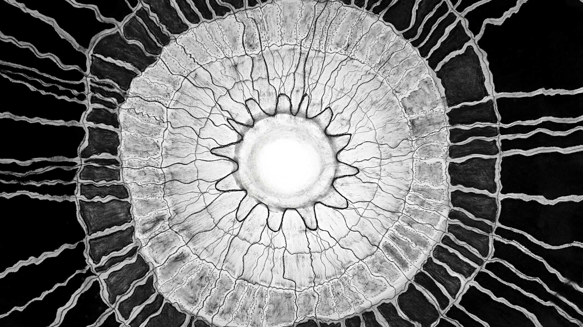 The vibrations of AUM are captured in deep, concentric charcoal circles with a light glowing at the centre. This image represents the entire universe as one, embodying the reality of oneness.