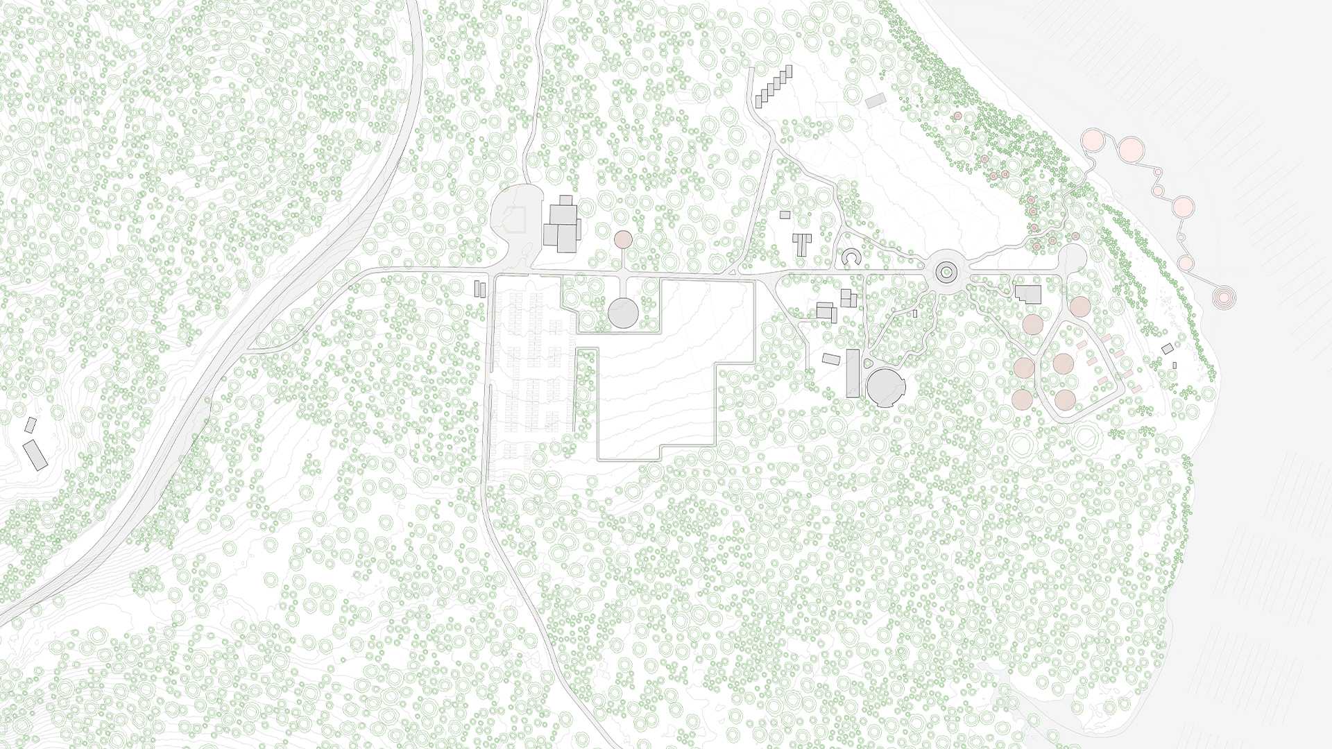 The proposed site plan of Jigamy Farms displays density with each hand-drawn tree respectfully placed on the plan. The built and unbuilt are grey and white respectively.