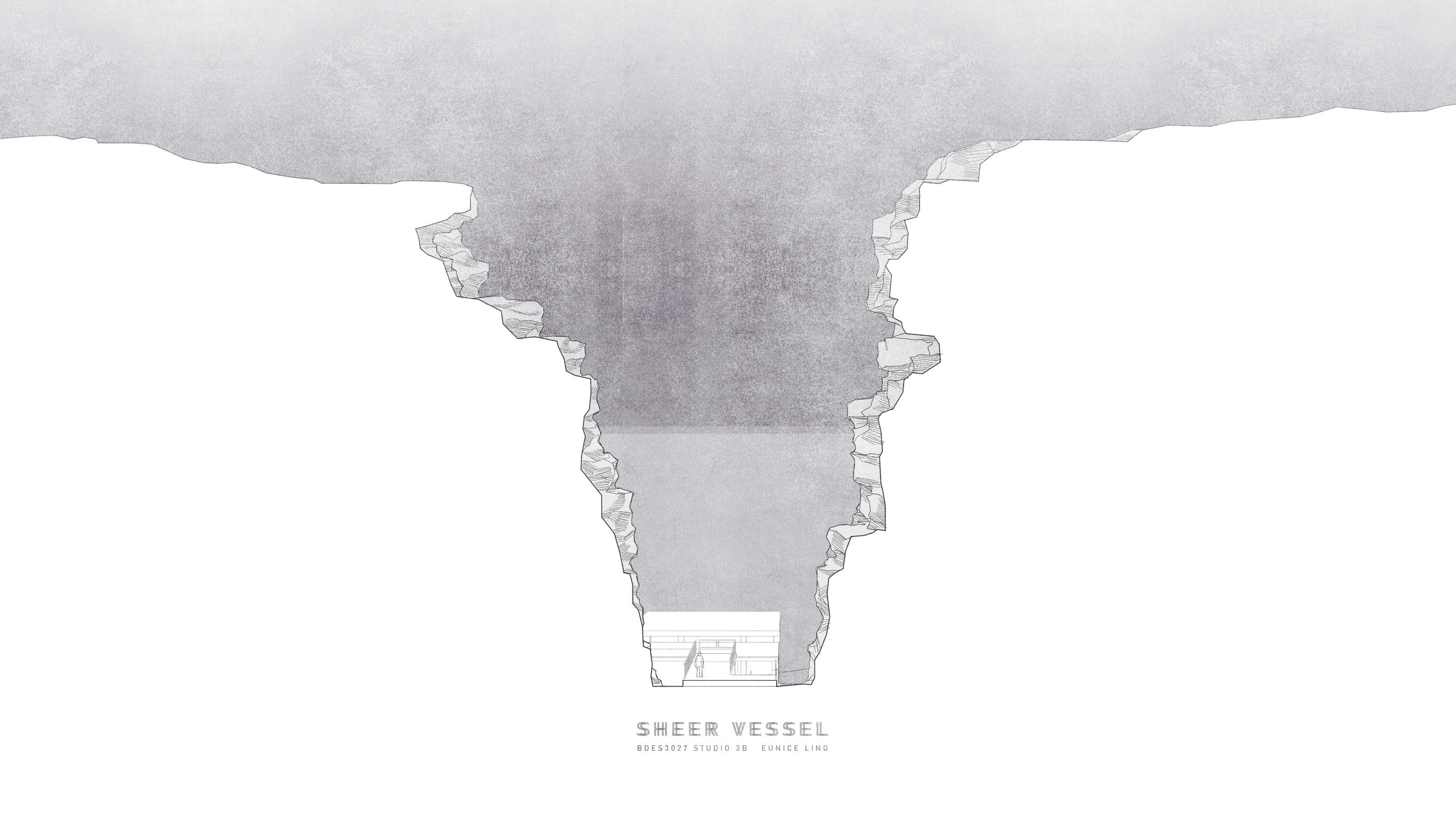 Sectional Perspective cut of the cliff looking out to the ocean, a representation of the project's key experience.
