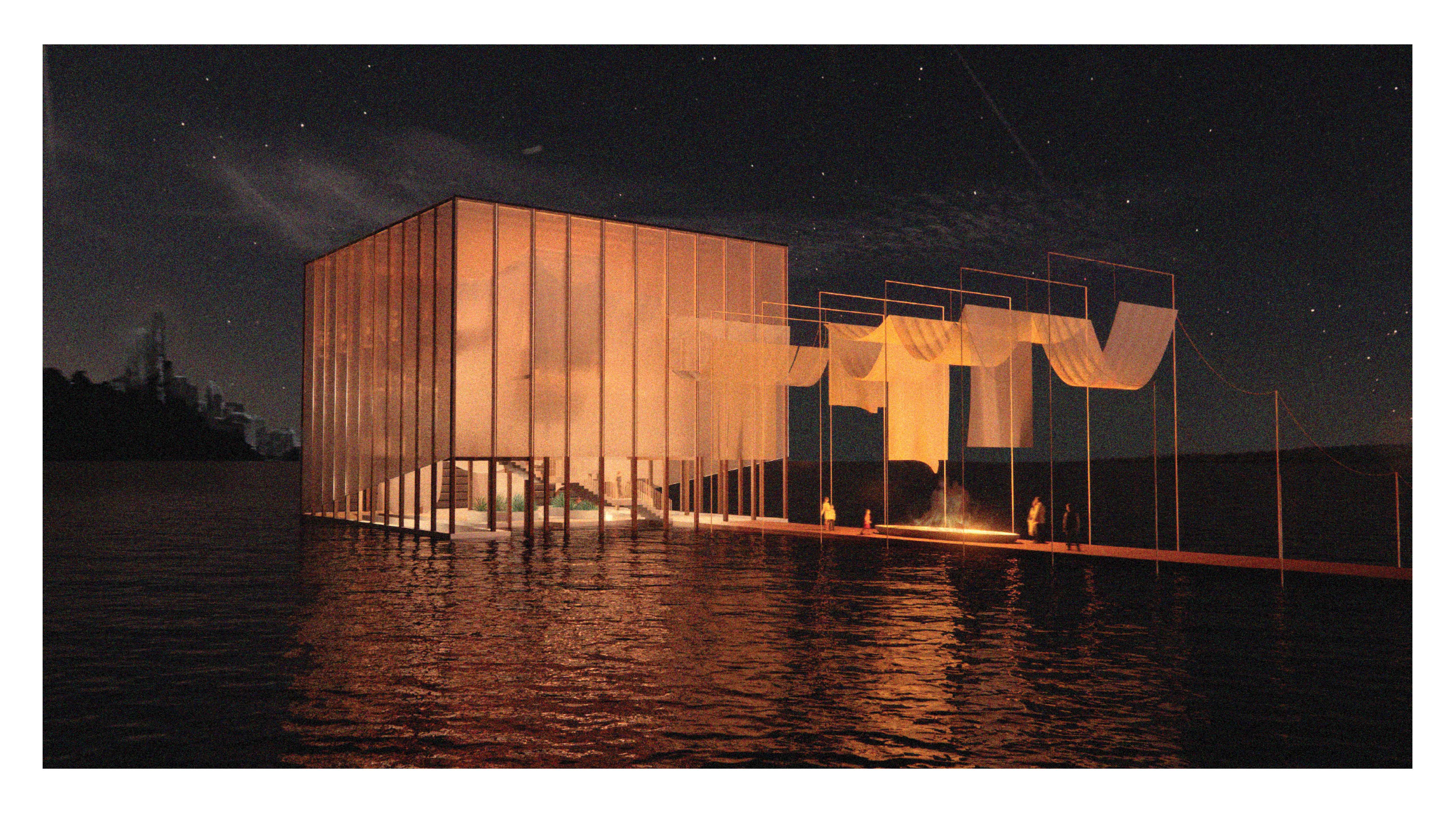 Exterior Render

The frosted upper box is set alight with reflections of the entrance flame. Curtains swoop high overhead and flow from the boardwalk into the box through the façade.
