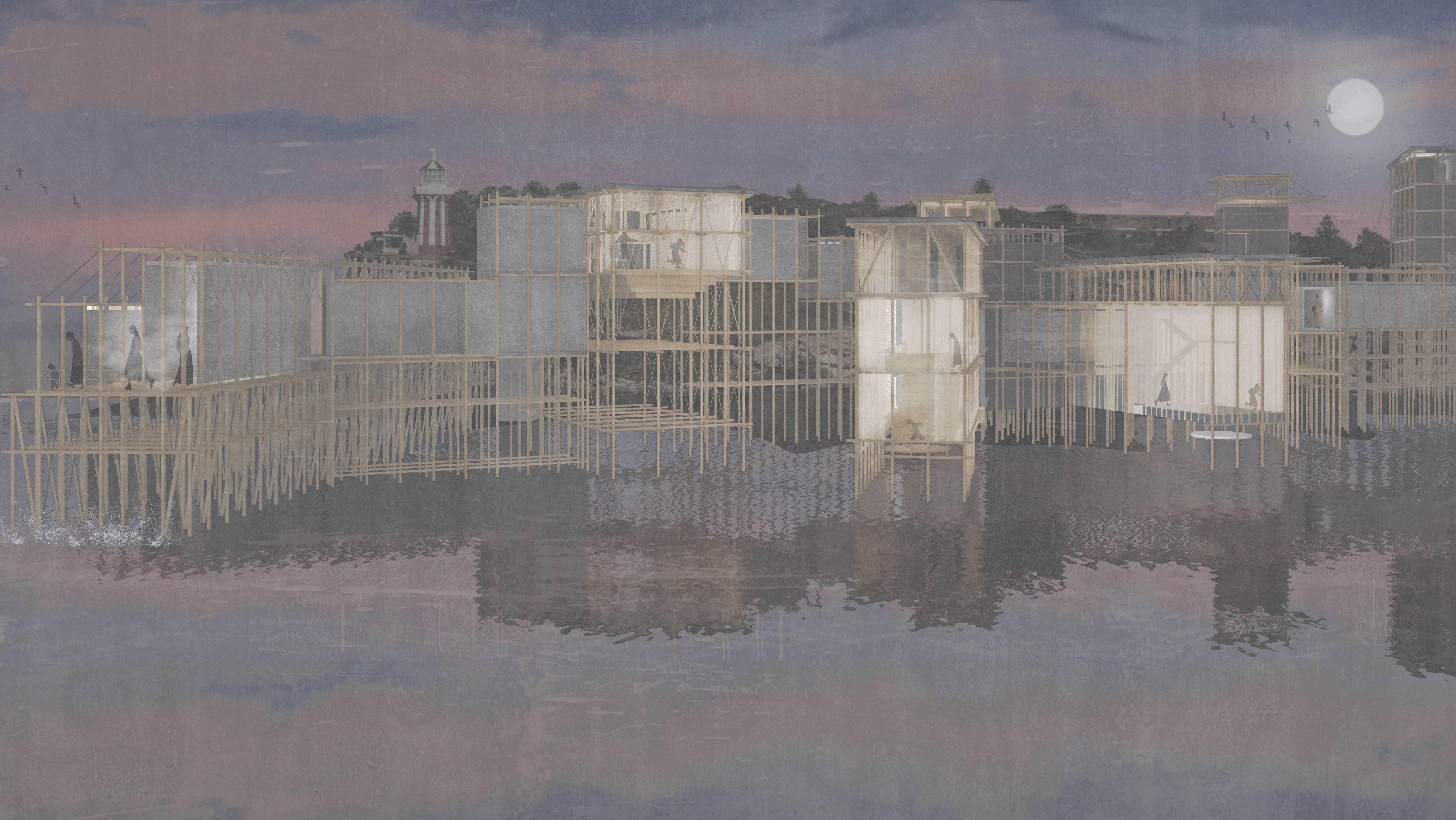 western elevational render at dusk