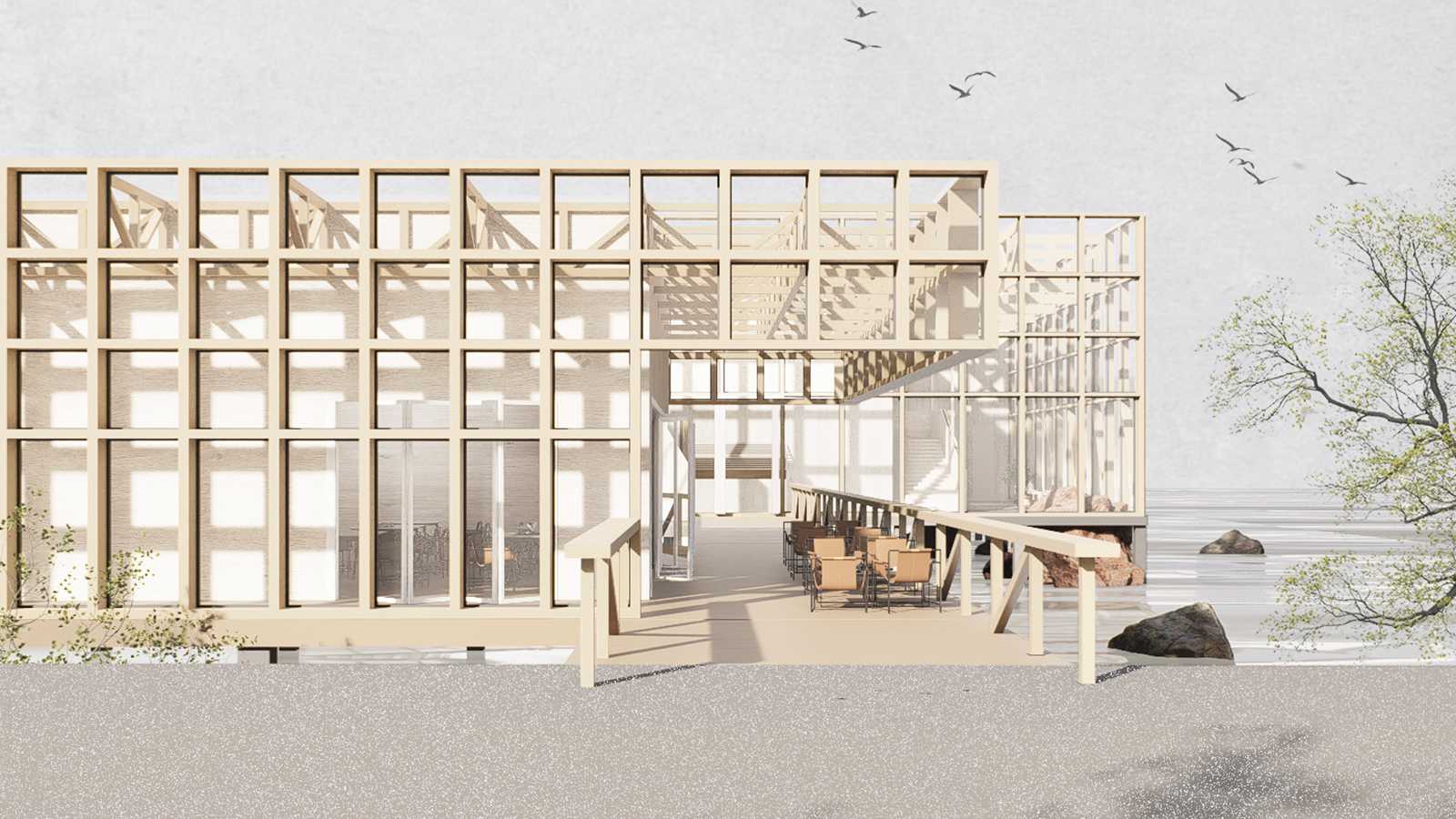 From the concrete platform, the Bradleys Head Theatre showcases two buildings: one for the café, and one for the performance space, blending with the waterfront and natural rock formations.  