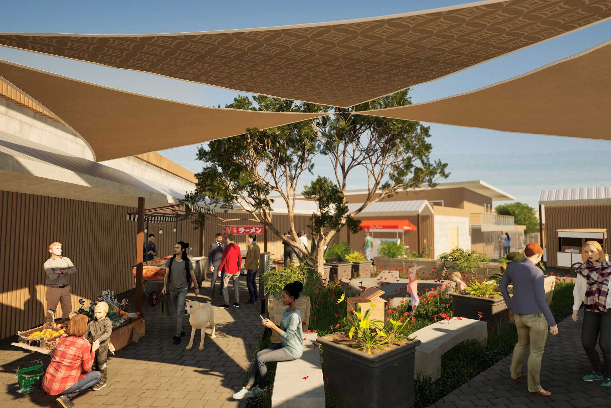 The market space on a busy weekend 

There is an atmosphere of community which can be felt to radiate from this space with its contradictory enclosed yet open and natural feel. 

Traders can showcase and sell local boutique goods and residents of the development can even offer their excess produce to the community. 

The central community garden provides a calming nature to the space yet also brings an unavoidable attention to the urban farming occuring within the midst of this. Bringing attention and awareness to this movement aims to prompt other members of the community to participate.