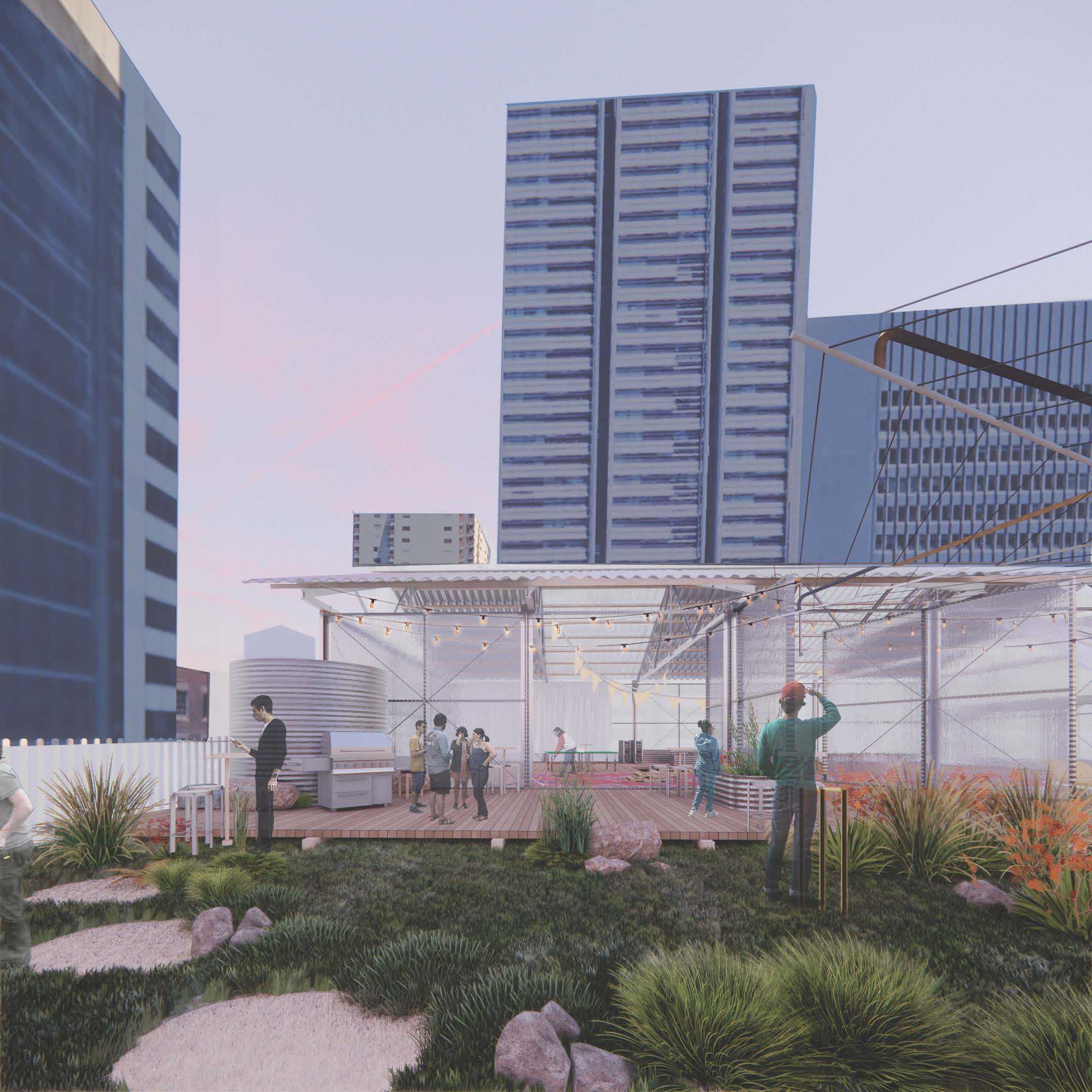 The Shed is a reference to the classic Aussie backyard, perched on the rooftop of the building, a lightweight, transparent structure, a welcome contrast to the thick structural concrete of the existing façade. The Shed operates as an event space with garden allotments outside. It can be used as an event space, tool shed, a library of things, and a quiet escape from the city. 