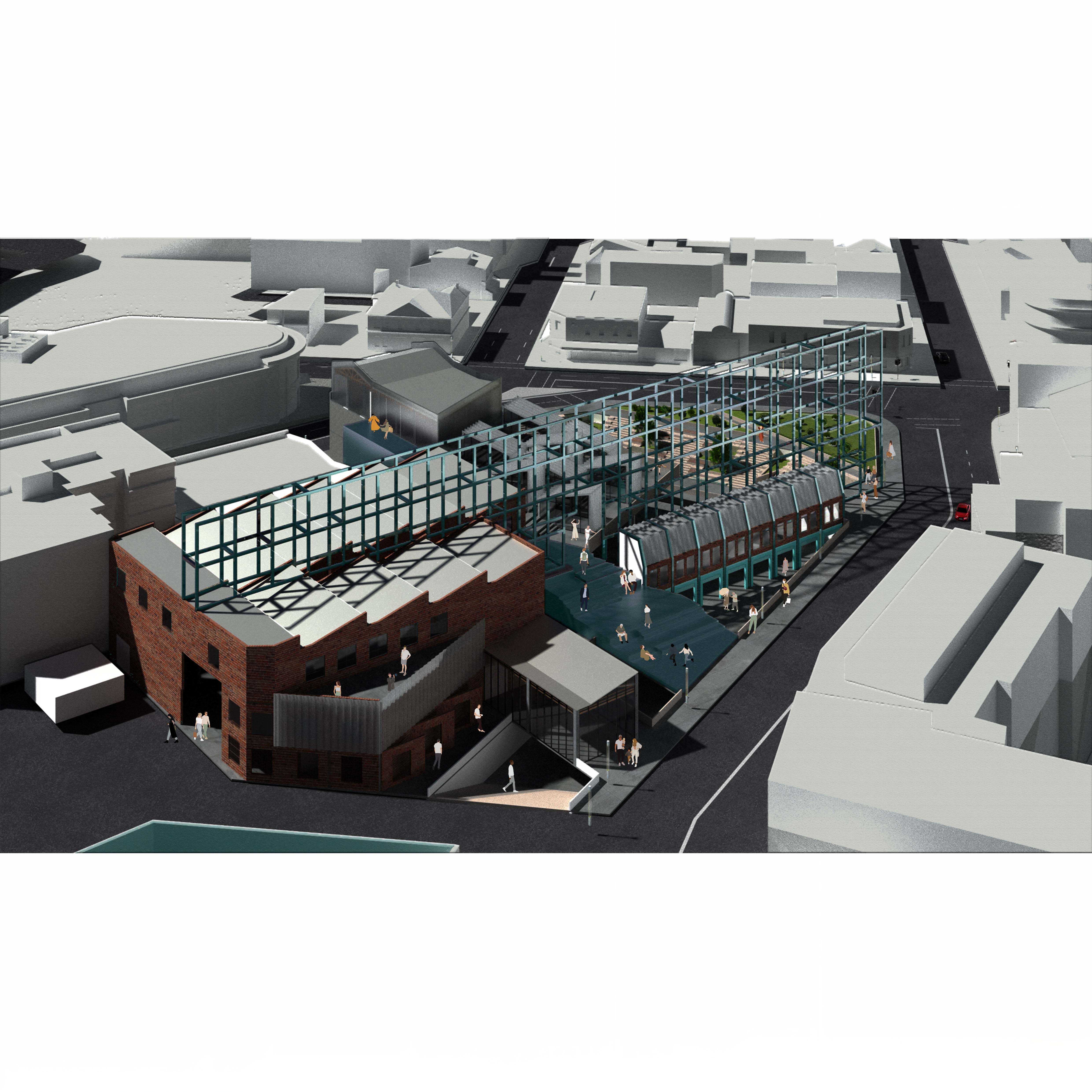 The Cultural Avenue bridges the old with new through a contemporary extension characterized by a large steel framework structure that spans the site, creating a striking visual and functional contrast. 