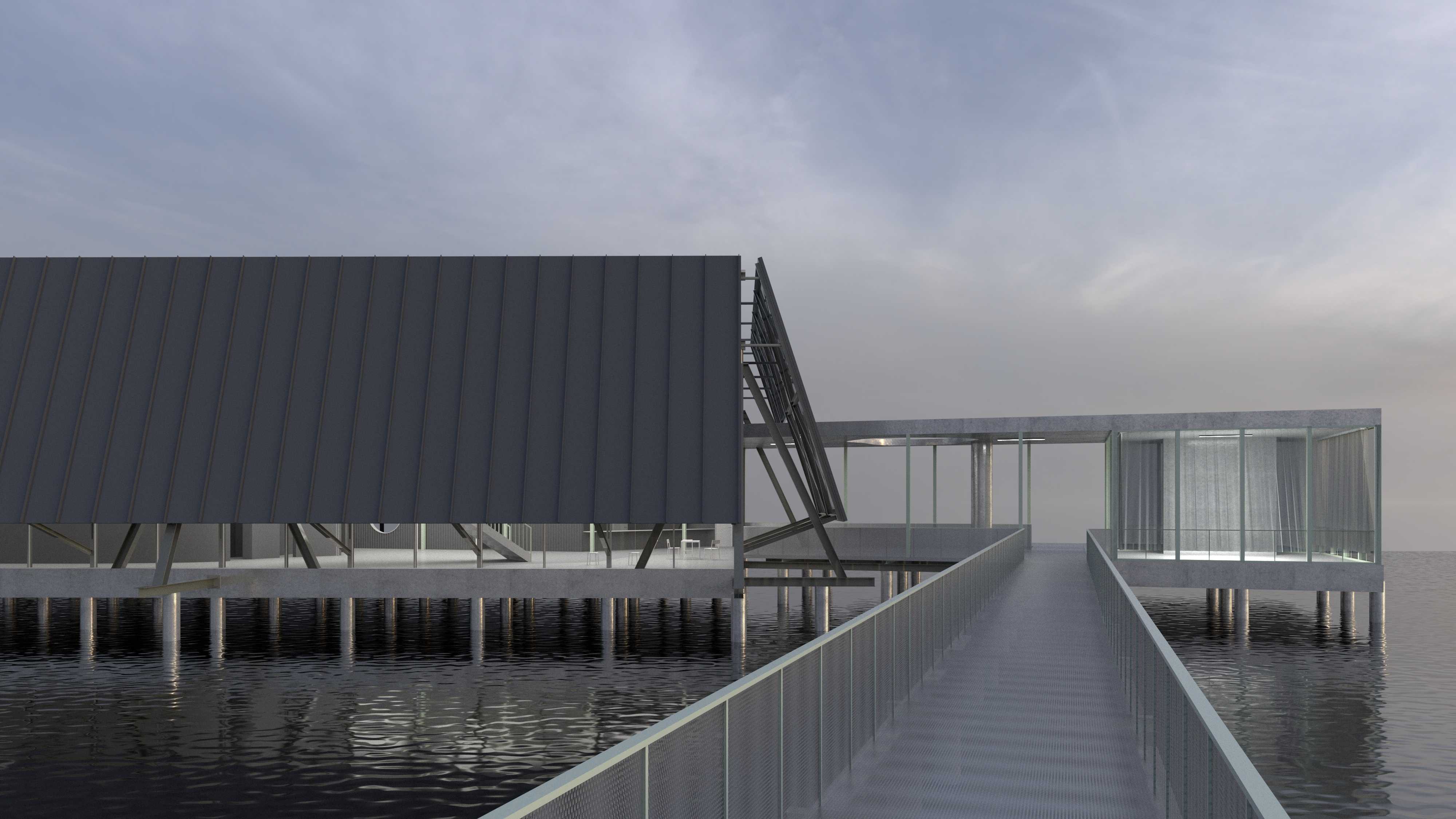 A black metal cladding envelops the structure on the western façade which is slightly elevated to reveal the interior interactions from jetty view. 