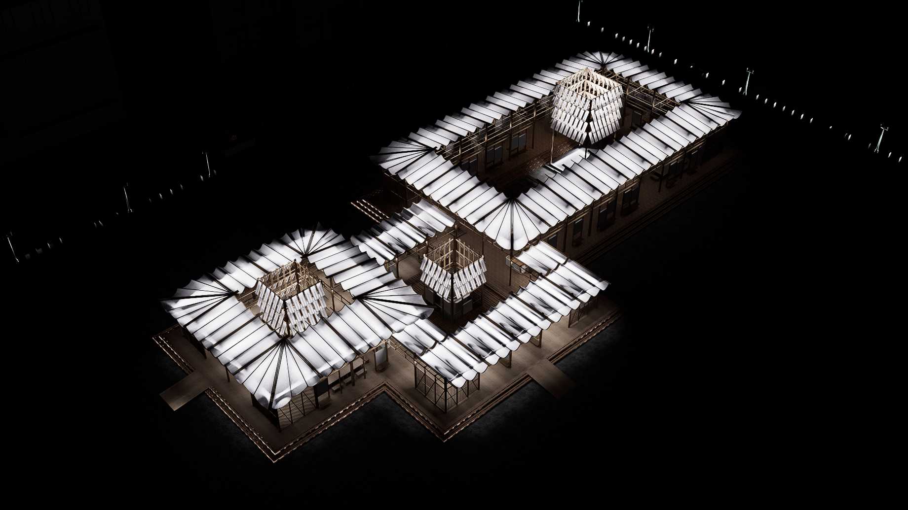Lighting transforms the mood of Fatahillah Square’s temporary building, with warm artificial light illuminating the exhibition area and iconic courtyard “tower,” creating a cozy atmosphere for performances and evening events.
