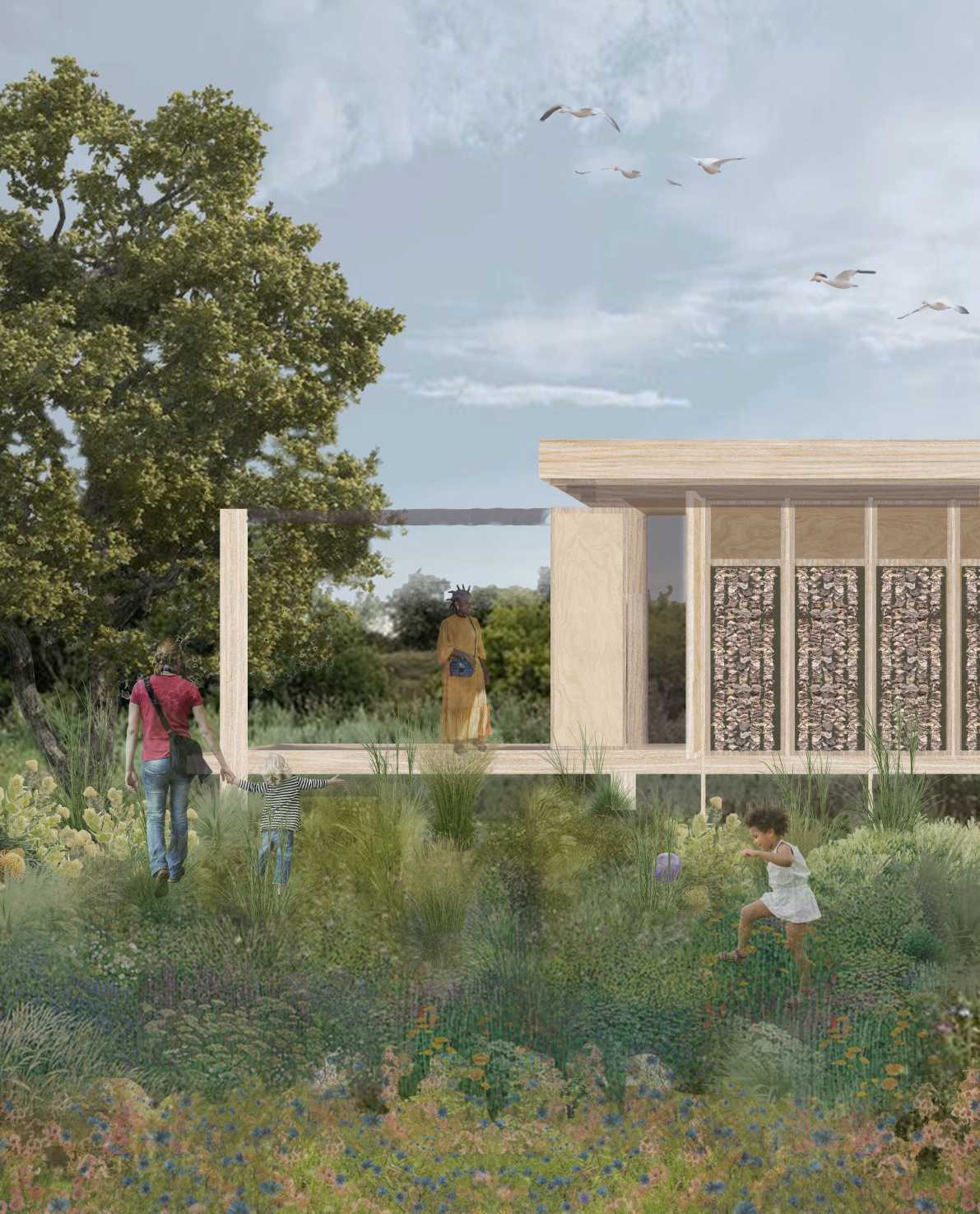 This image shows Craft in play. The gallery/shop sits in Country. Screen walls using recycled oysters from site connect the building to Country in a meaningful and sustainable way. 