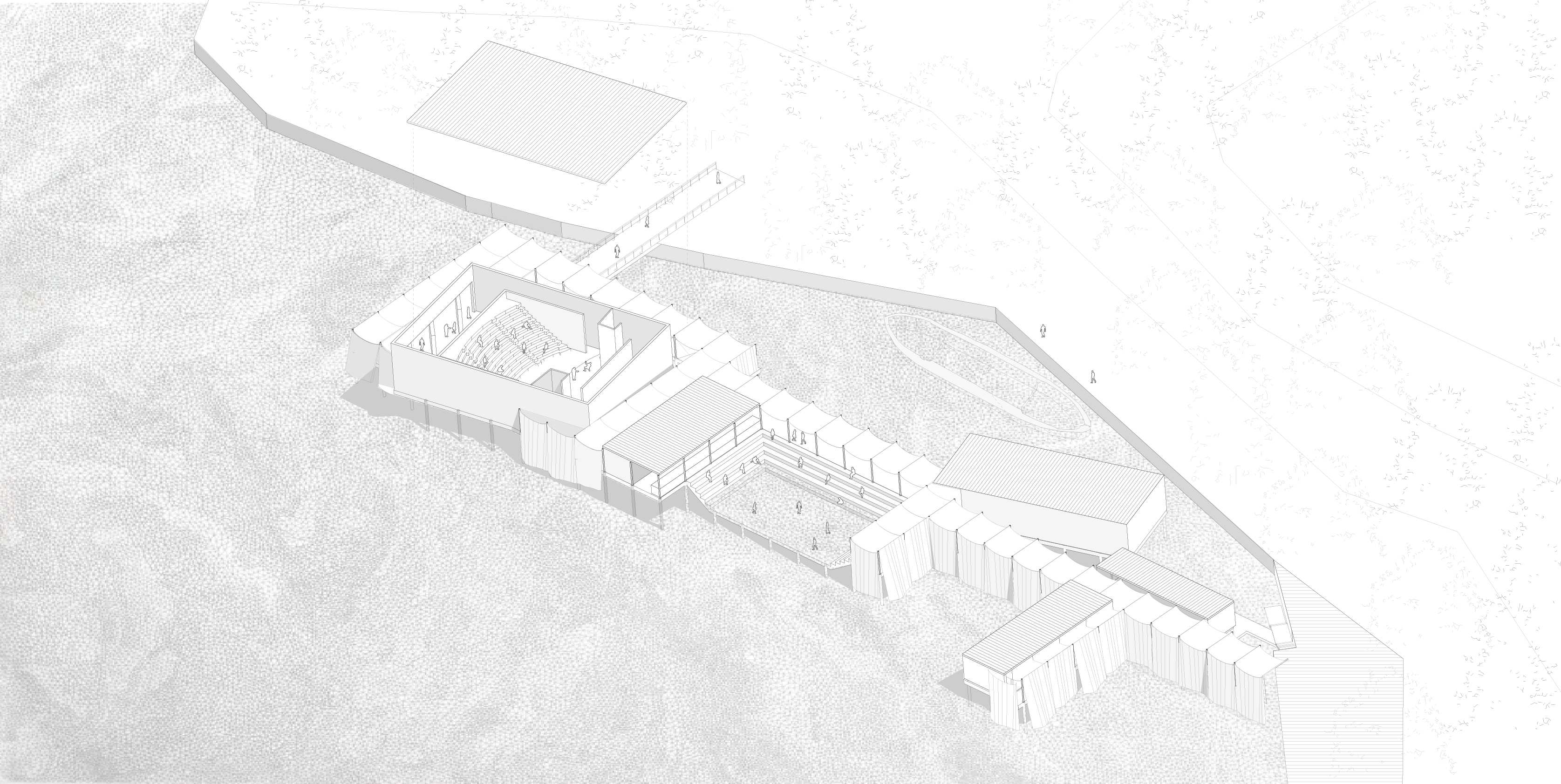 Extruded volumes shelter the programs whilst connected by a jetty that extends from the land. The entry diverges into two, a path leading directly to the narratives of the drama house, or a path to journey through the building and craft narratives in ones mind of the fragments revealed.  