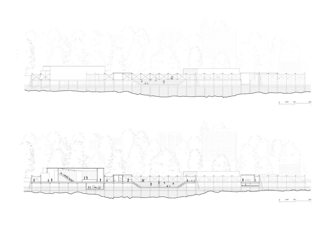 In place of cladding, cloth would be used as a theatrical device to further control views. As such, the ebbs of the water and gusty winds would determine what views would be revealed.