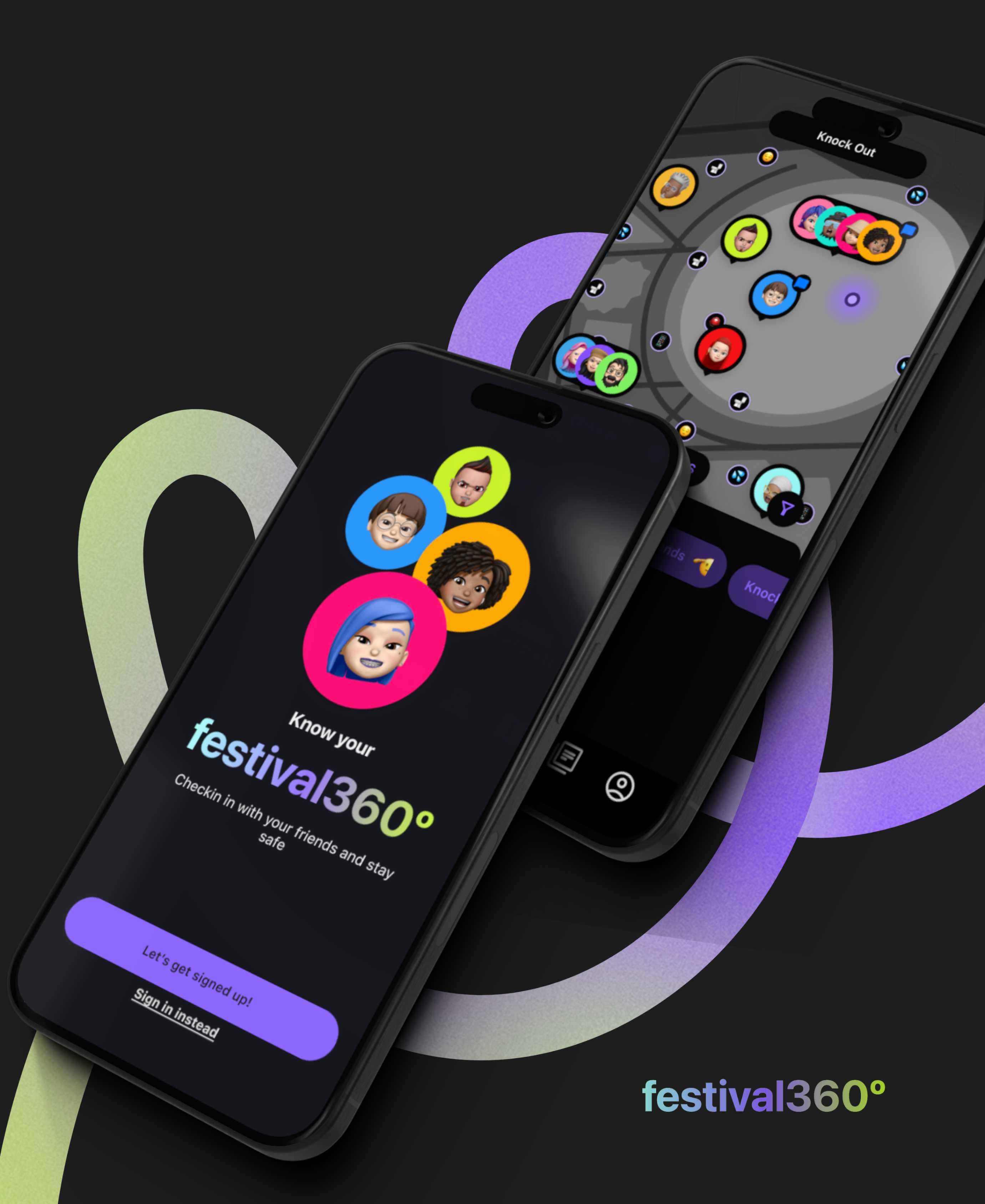 Discover Festival360’s sleek app (featured in dark mode)—your ultimate festival companion. Track friends in real-time, check in with your group, receive safety alerts, and navigate effortlessly through every festival moment. Know your festival360.