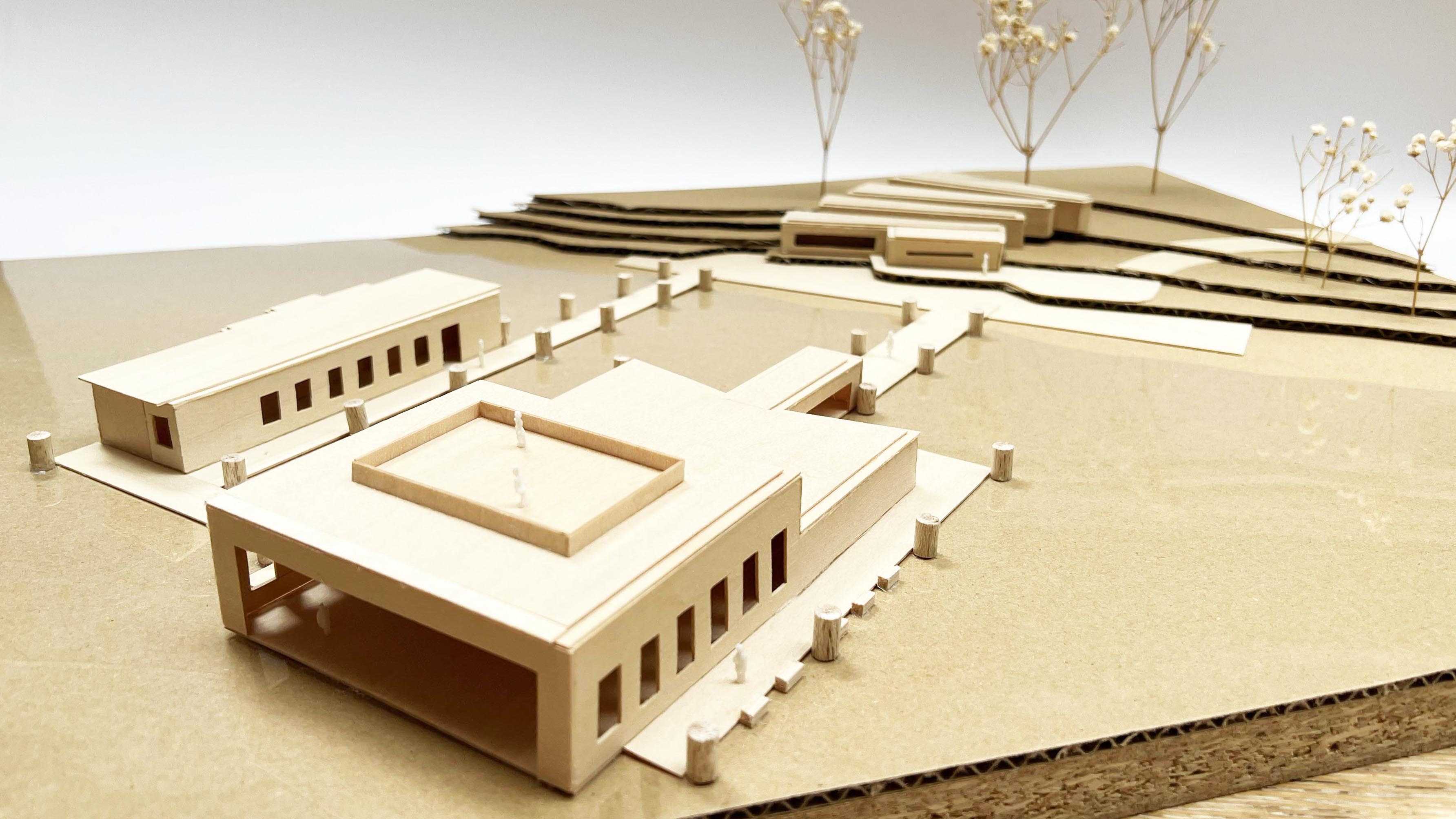 Wardan Theater
Concept Model. 
Southern View.
Balsa Wood, Cardboard, Acetate, Particle Board, Baby’s-breath. 
1:200
