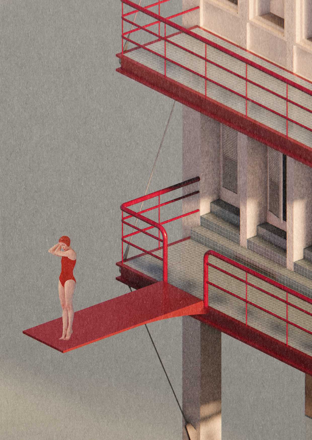 Render: A performer on a diving board, blurring the interior stage and surrounding.