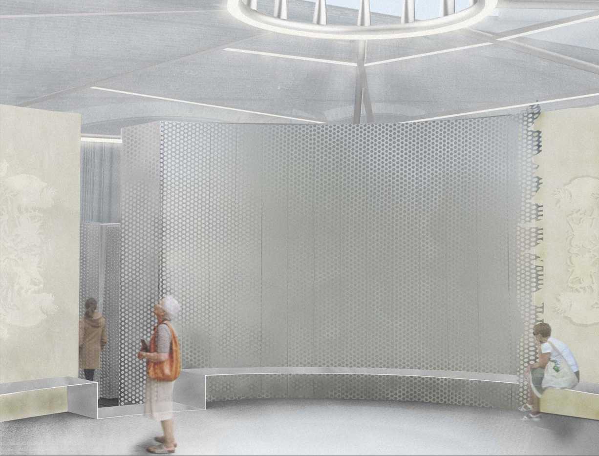 Internal Perspective: The architecture plays with this frisson of quaintness and violence through materiality, form, and detail through a temporary pavilion.