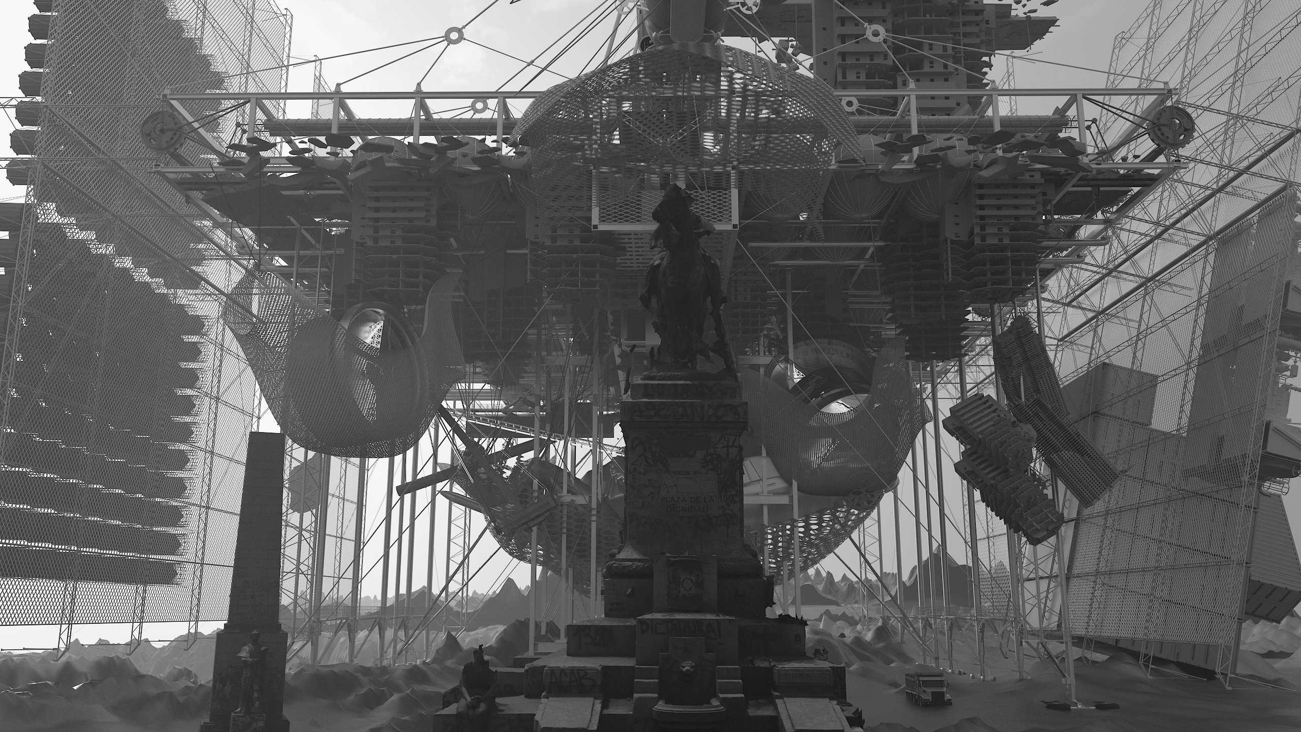 The Monsters’ role is a mockery, an ironic imitation of the practice of “the colonizer, the officer, the exploiter, the administrator…
obsessed with obtaining ‘total access to’ the desert. Given that such totality is not possible, the desert is occupied,
militarized, conceptualized, capitalized, transformed, or destroyed.” 13 In this manner, the harvesting parade is not one that
collect exhausted or fossilized ruins, but a forced epistemic interruption that declares immediate dysfunction and ending