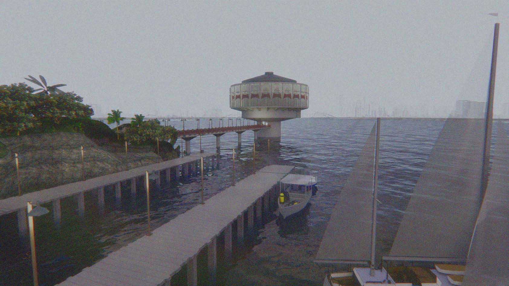 Amidst the abyss of the harbor, a solitary concrete tower rises, a sentinel against the deep. Its stoic form mirrors the sea's depths, a testament to resilience and timeless beauty.