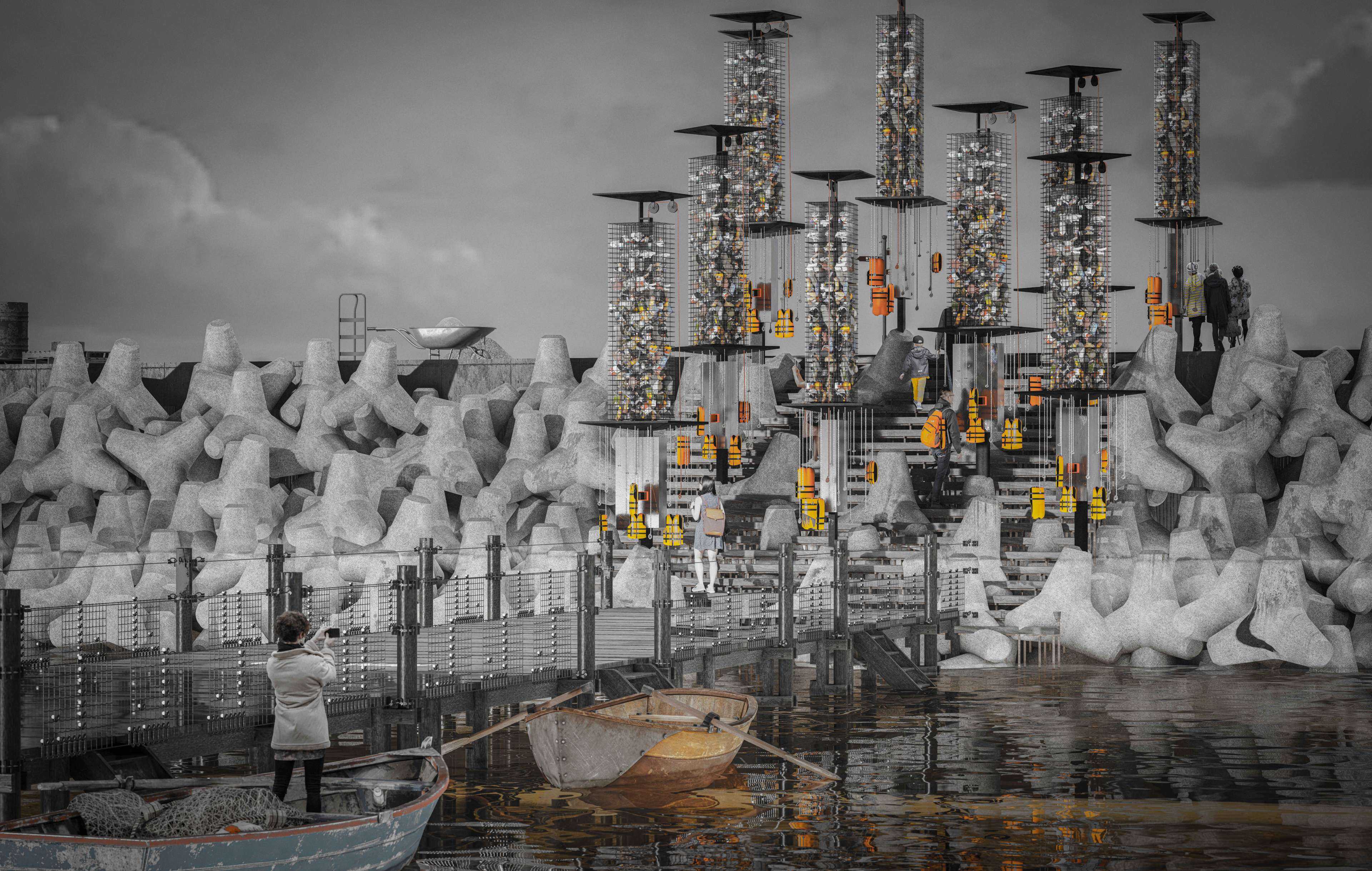 The entrance to a memory structure represents the disaster of forced displacement and the trauma associated with it. The structure archives visitors' memories and conveys the impact of displacement.