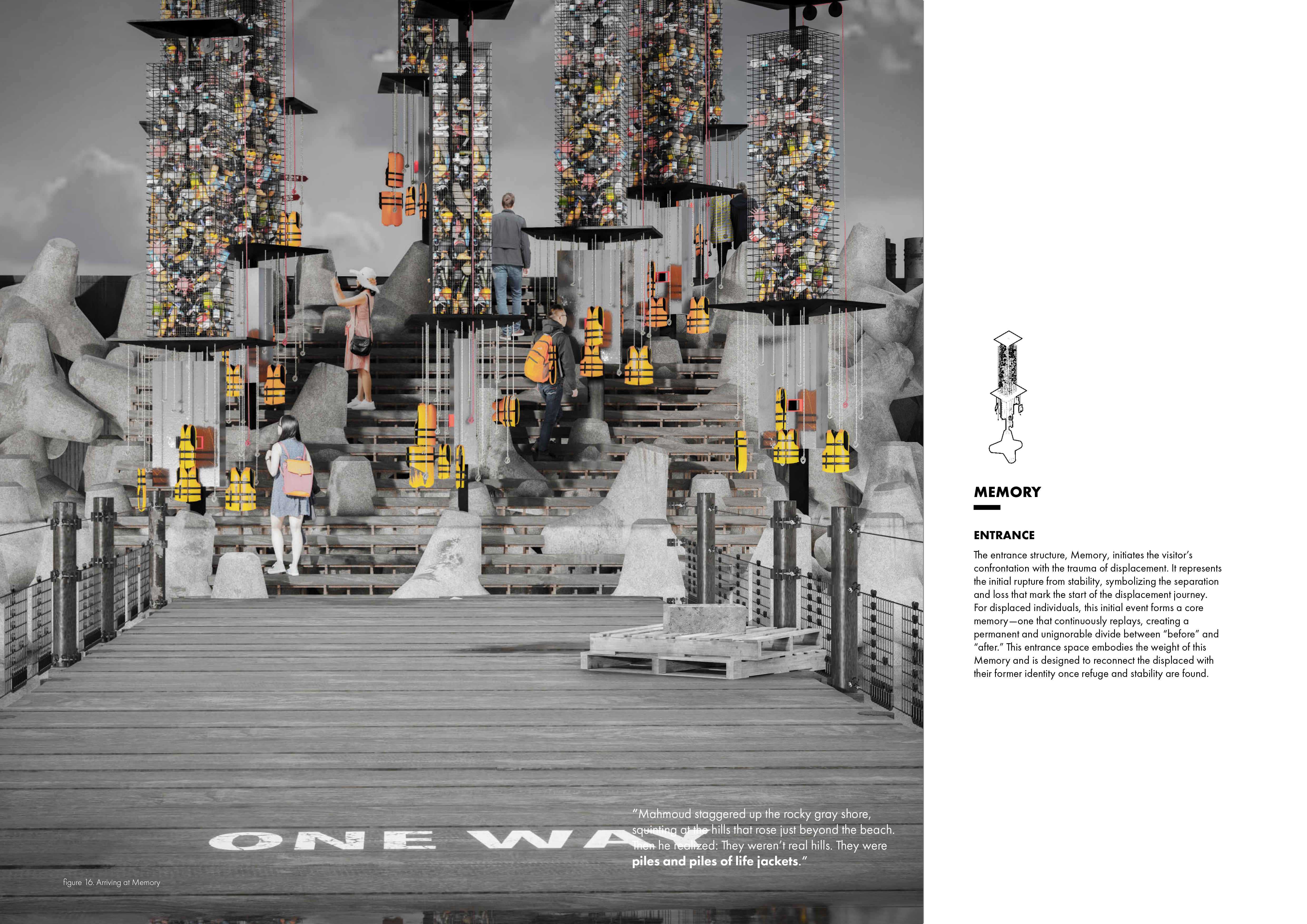 Memory represents the trauma of the displacement event, storing the memories of the displaced and their identity before the displacement. It's an interactive module where visitors can share their memories.